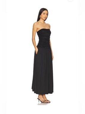 Anthropologie NIA Strapless Black Ruched Gathered Drop Waist Maxi Dress M